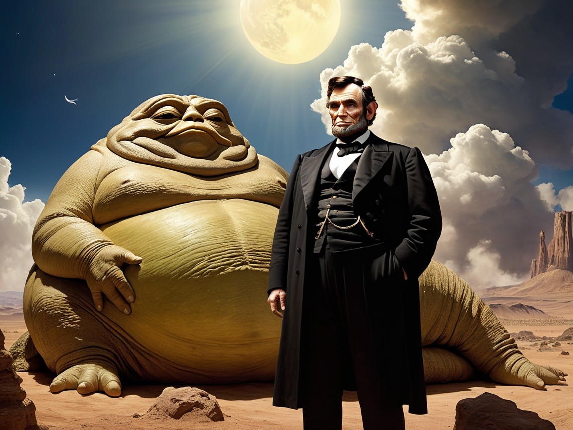 Surreal Scene of Lincoln and a Giant Slug in Desert