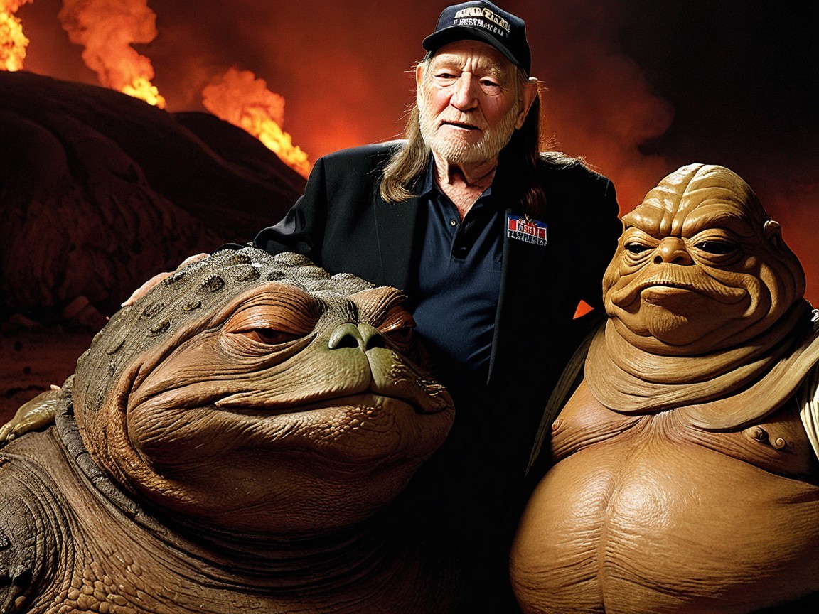 Man in Cap with Humanoid Amphibians in Fiery Scene