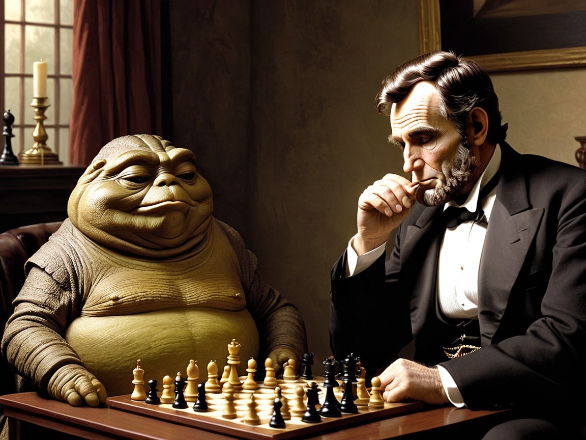 Amphibious Creature and Man Playing Chess in Decorated Room