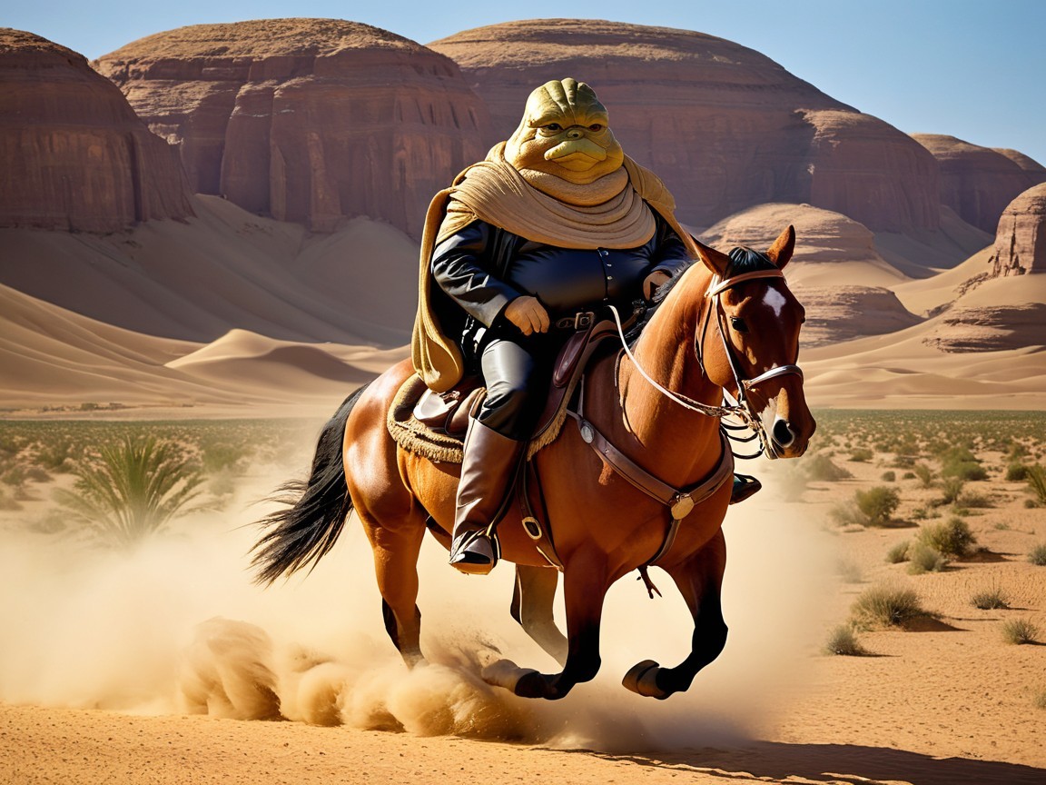 Humanoid Figure on Horse in Desert Landscape