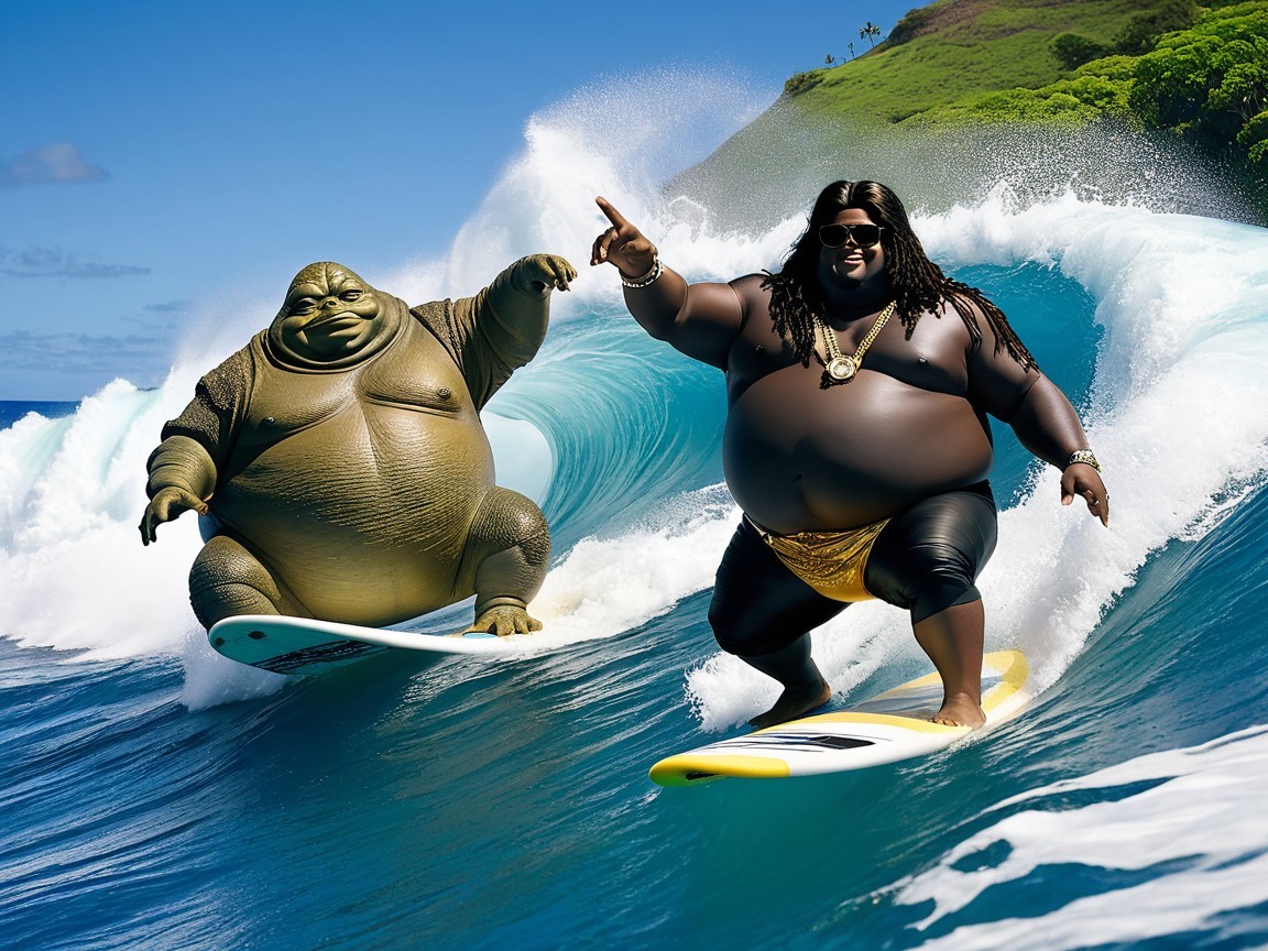 Cartoon Characters Surfing on Vibrant Ocean Waves