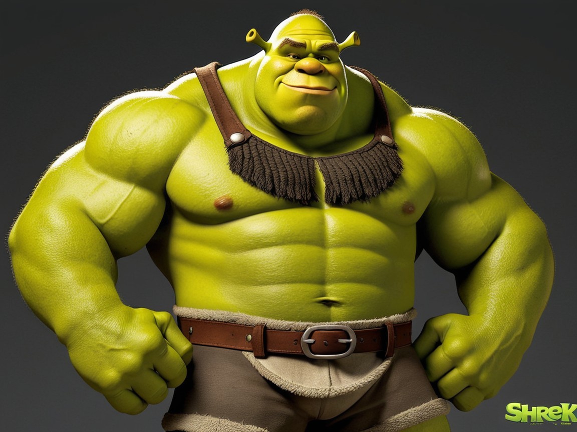 Muscular Green Ogre with Broad Smile and Brown Vest