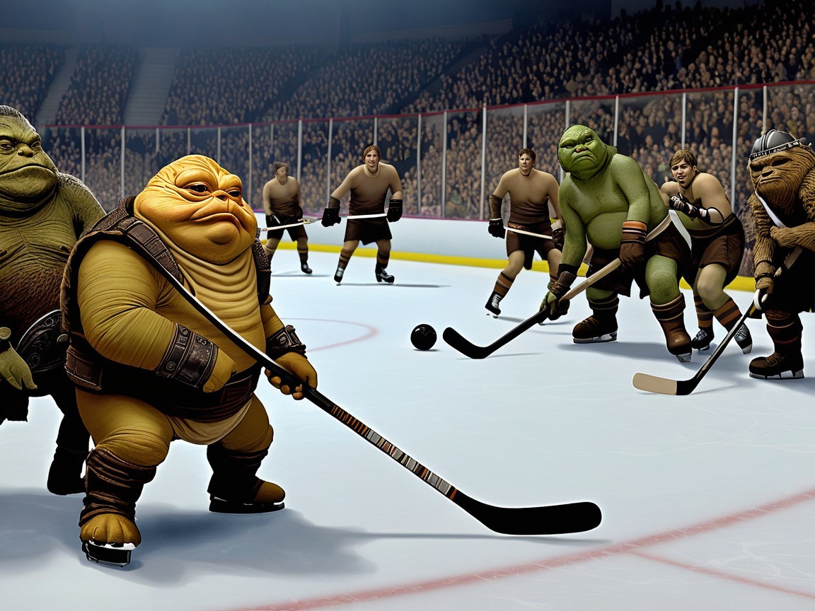 Whimsical Ice Hockey Scene with Anthropomorphic Characters