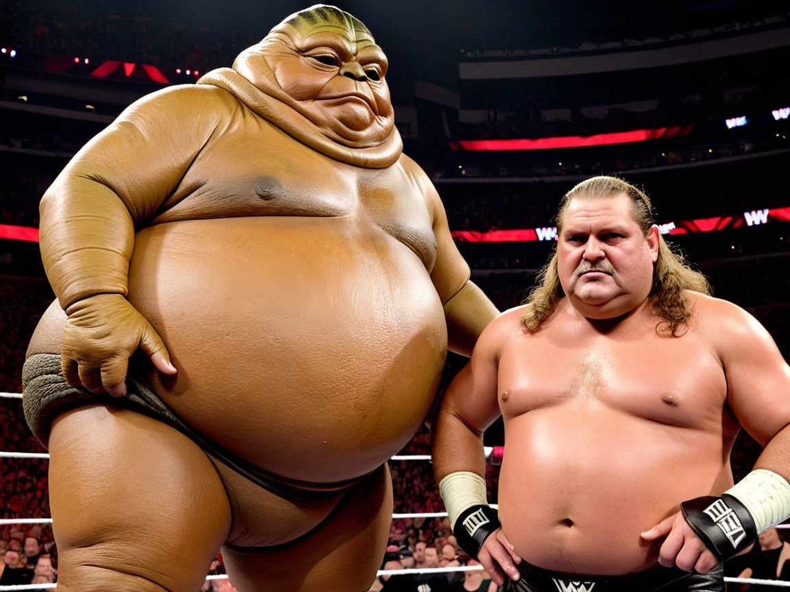 Humanoid Character and Muscular Man in Wrestling Ring
