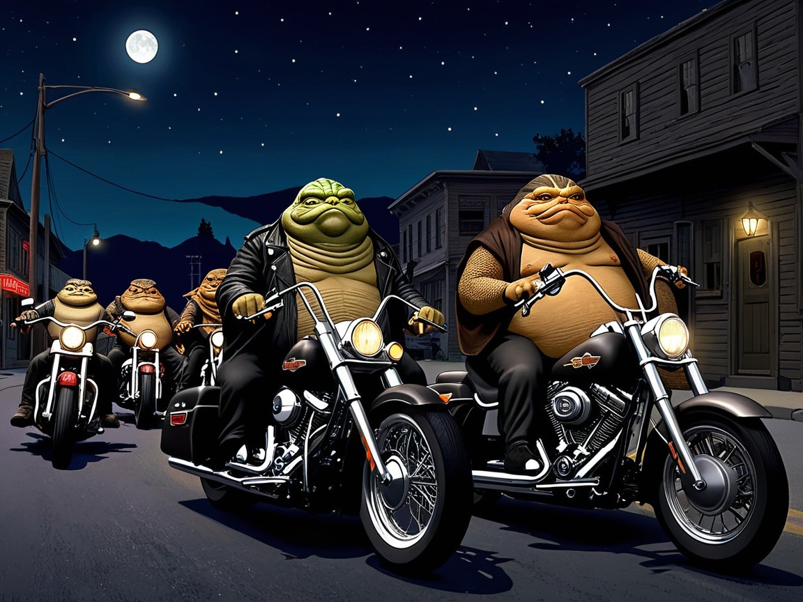 Cartoon Characters Riding Motorcycles at Night