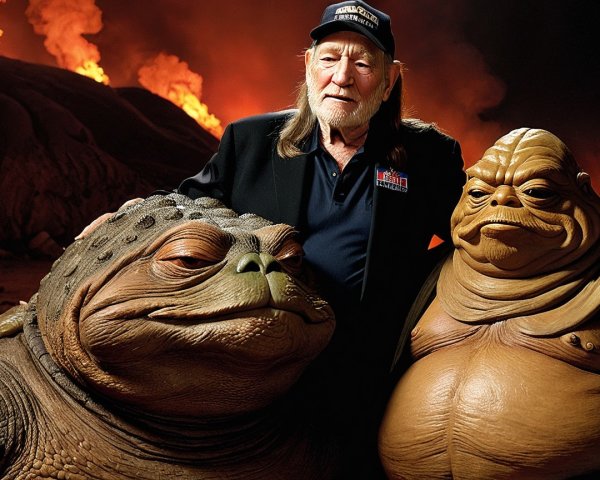 Man in Cap with Humanoid Amphibians in Fiery Scene