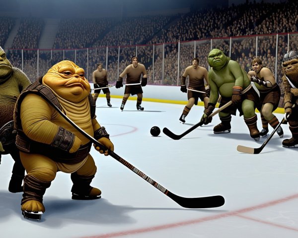 Whimsical Ice Hockey Scene with Anthropomorphic Characters