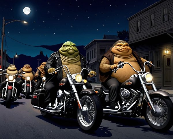 Cartoon Characters Riding Motorcycles at Night