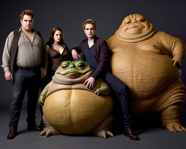 Group Portrait with Cartoon Creatures in Studio Setting
