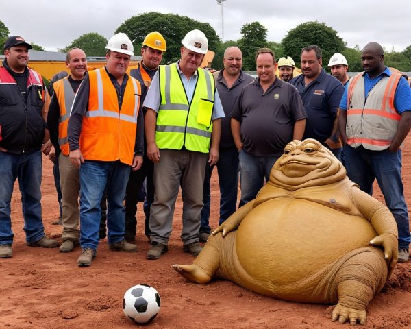 Construction Workers Posing with Cartoon Slug Character