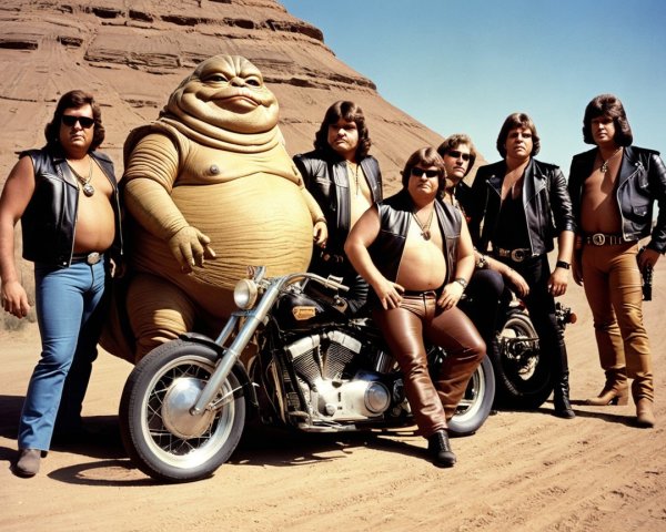 Motorcycle Riders with Cartoon Character in Desert Scene