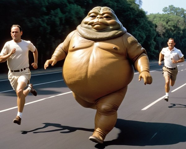 Men Running with a Cartoonish Slug on a Sunny Road