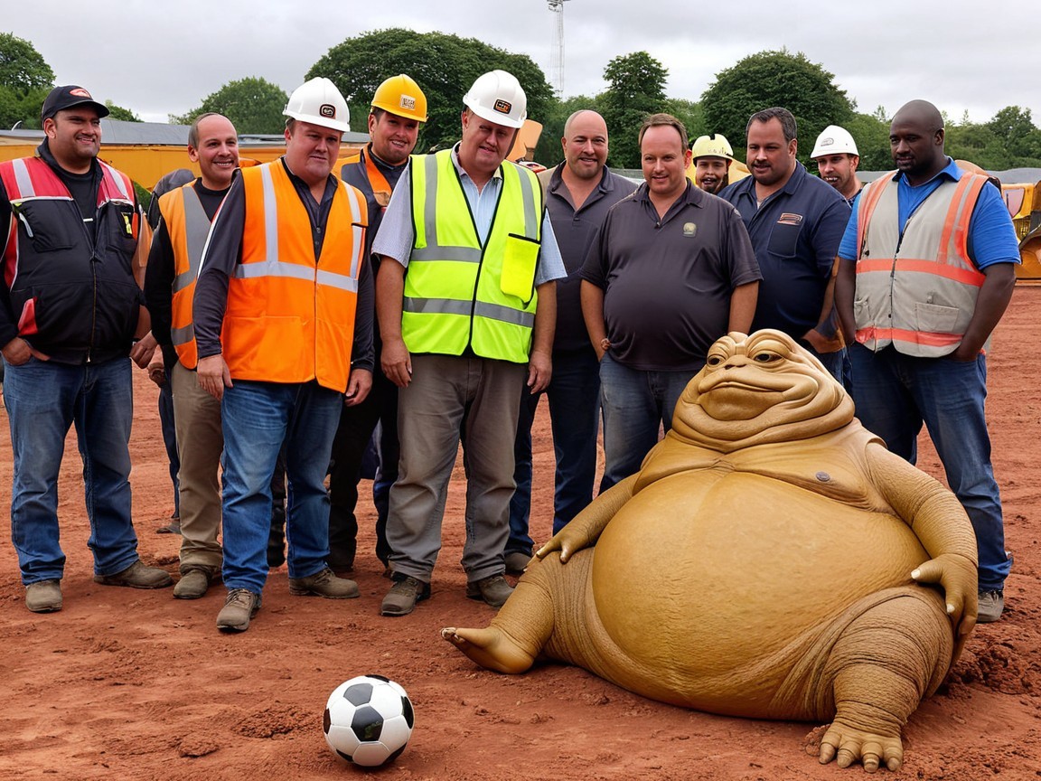 Construction Workers Posing with Cartoon Slug Character