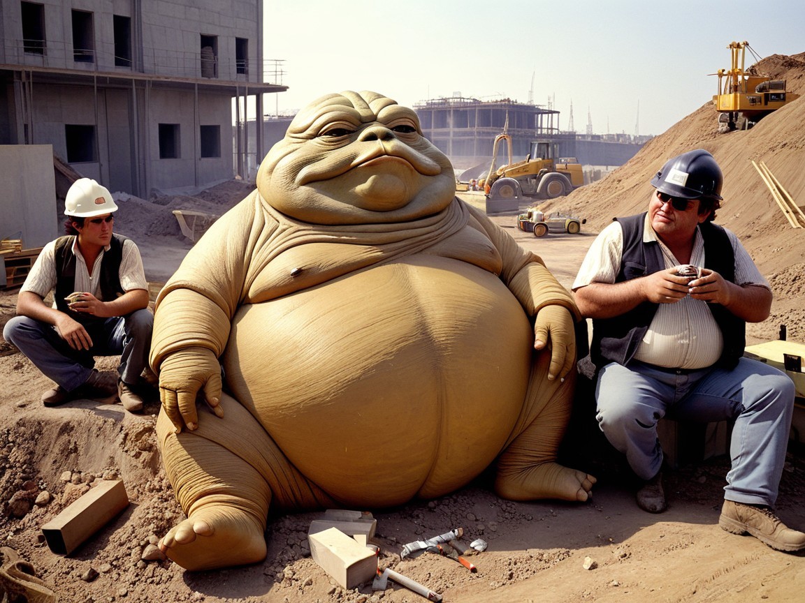 Construction Site Scene with Workers and Cartoon Creature