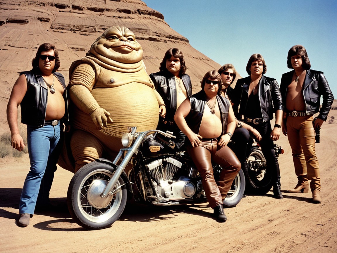 Motorcycle Riders with Cartoon Character in Desert Scene