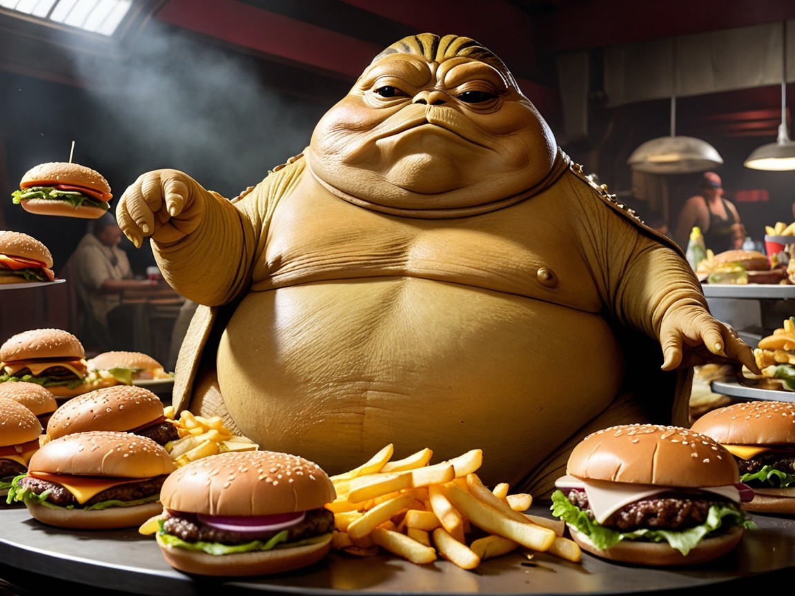 Fictional Character Surrounded by Hamburgers and Fries