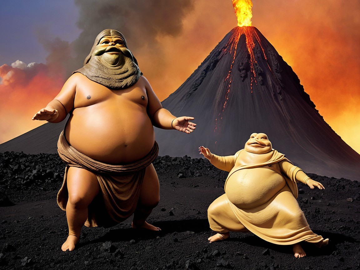 Surreal Landscape with Cartoonish Characters and Volcano