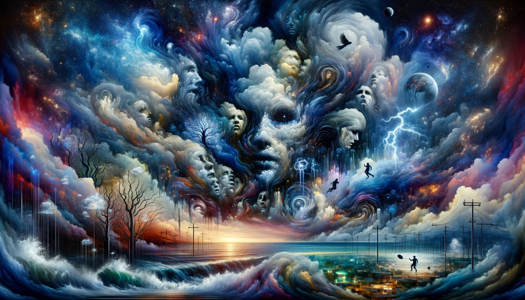 Surreal Cosmic Landscape with Vibrant Colors and Faces