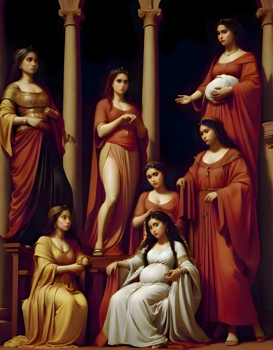 Elegant Women in Richly Colored Robes and Columns