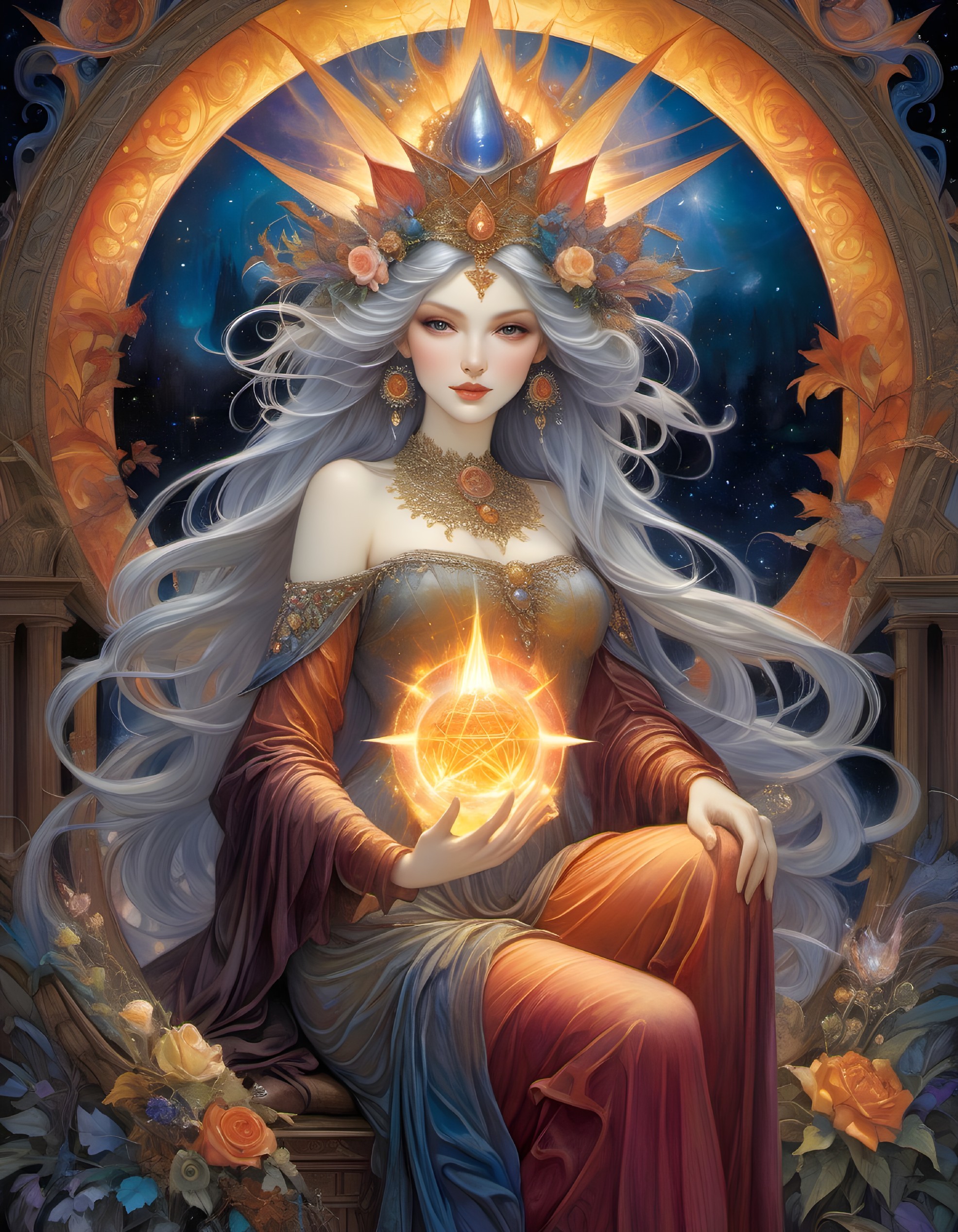 Mystical Figure in Vibrant Garments with Celestial Elements