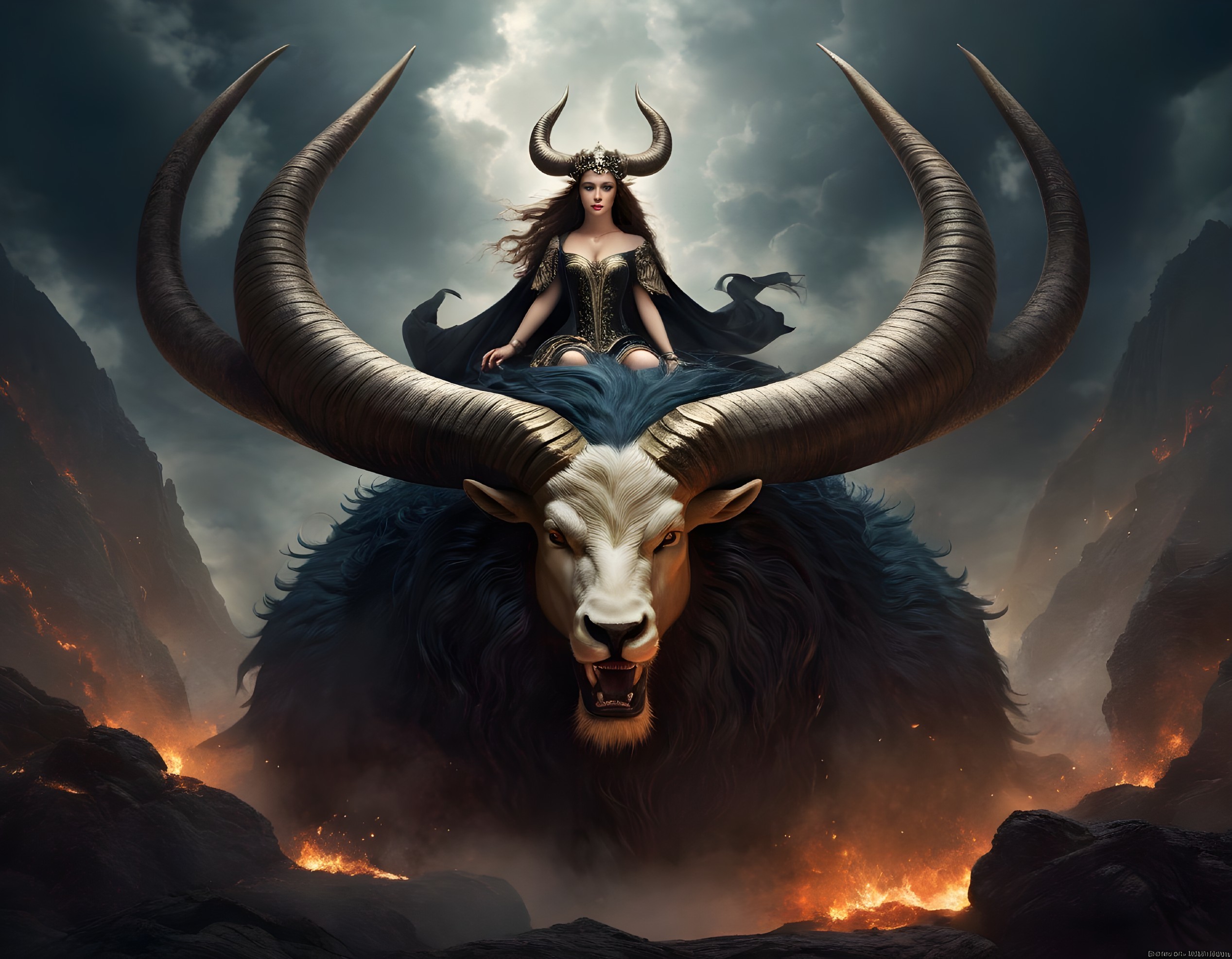 Powerful Woman on Bull in Dramatic Smoky Landscape