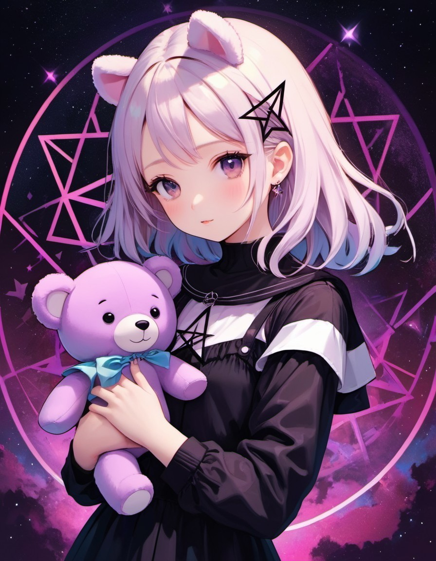 Young girl in purple hair with cosmic background