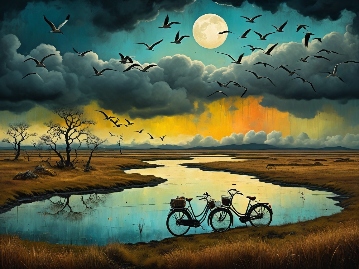 Tranquil Dusk Landscape with Bicycles by River