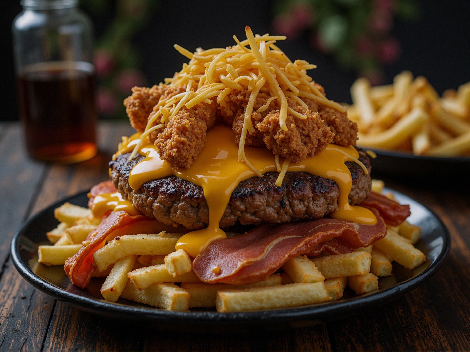 Indulgent burger with chicken, cheese, and fries