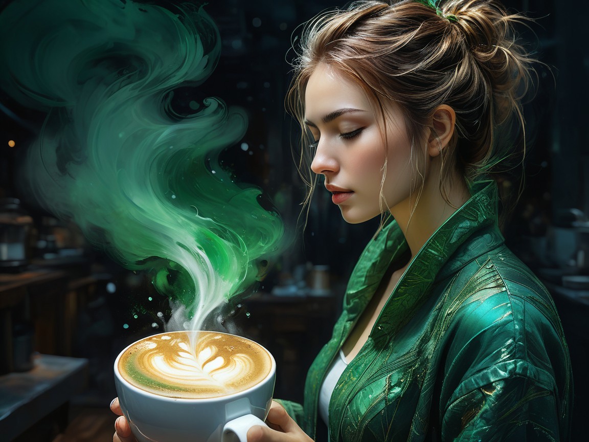 Young woman in green robe with mystical coffee steam