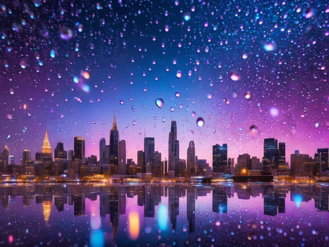 Twilight City Skyline with Reflections and Raindrops