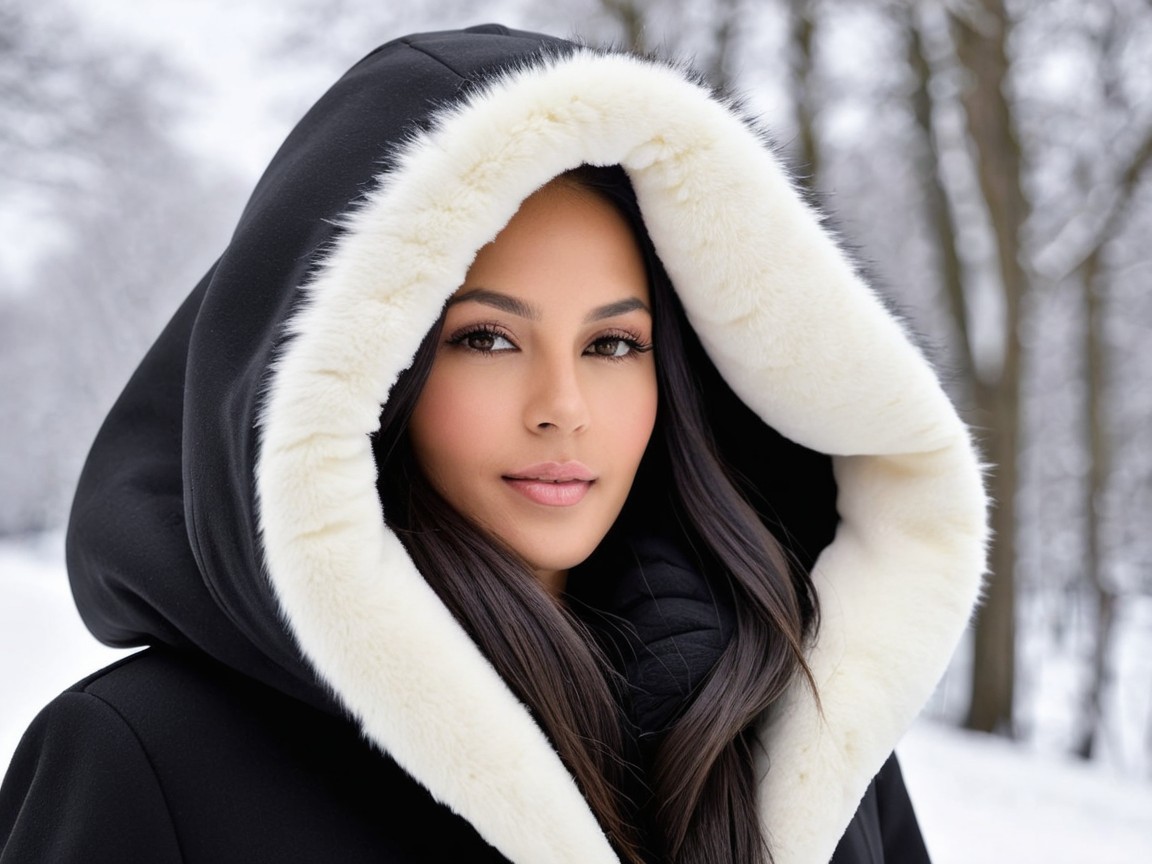 Young woman in snowy landscape with fur-lined coat