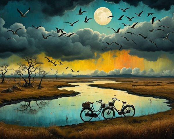 Tranquil Dusk Landscape with Bicycles by River
