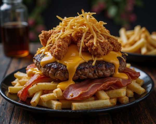 Indulgent burger with chicken, cheese, and fries