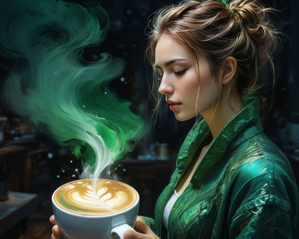 Young woman in green robe with mystical coffee steam