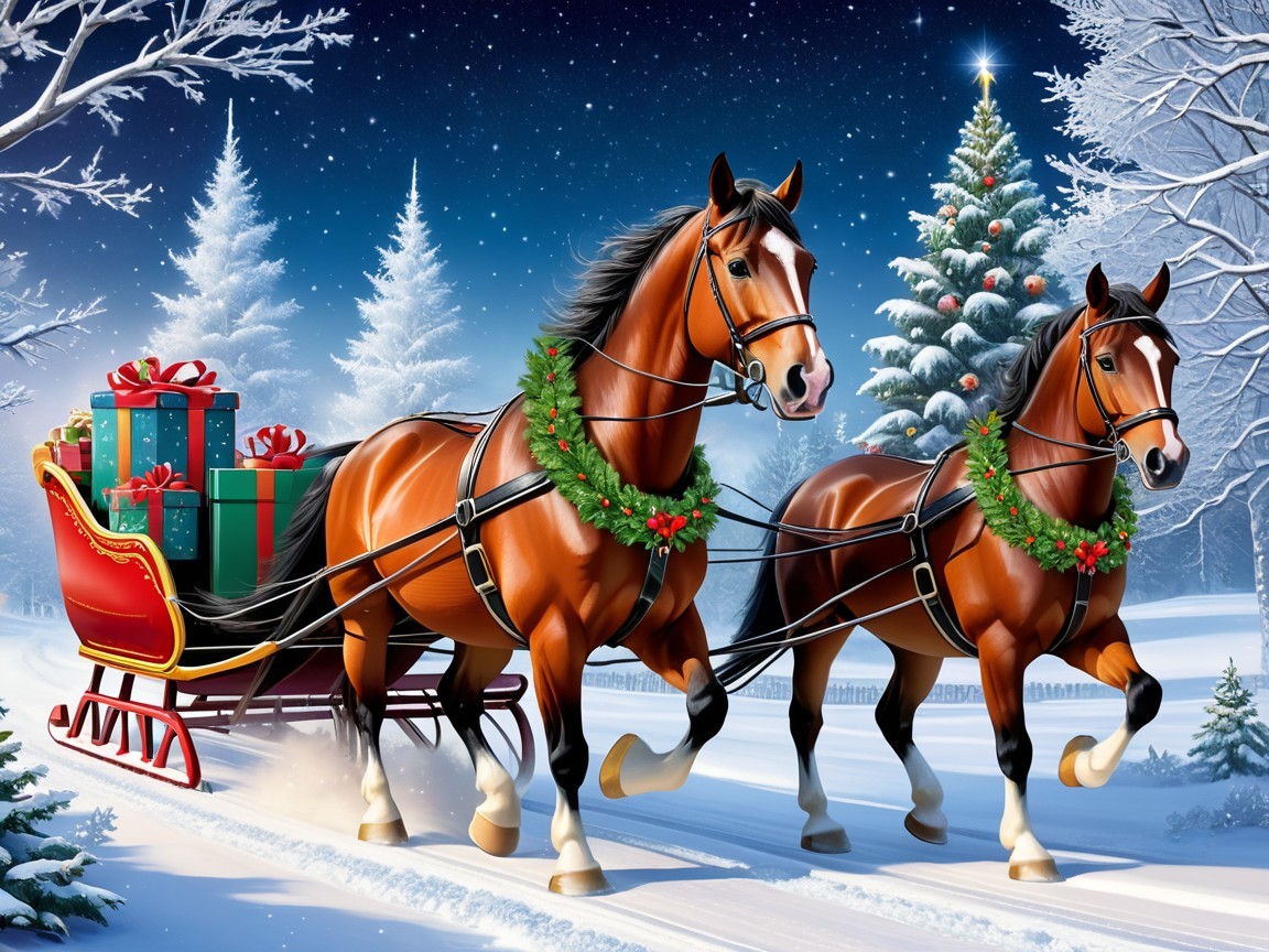 Winter Scene with Horses, Sleigh, and Christmas Tree