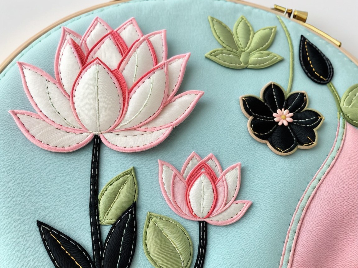 Vibrant Lotus Flower Embroidery on Soft Blue Background