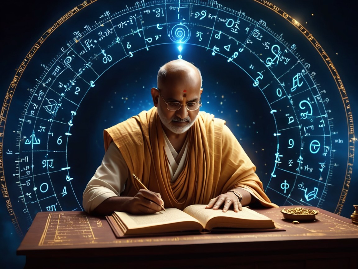 Elderly Man Writing at Table with Astrological Chart