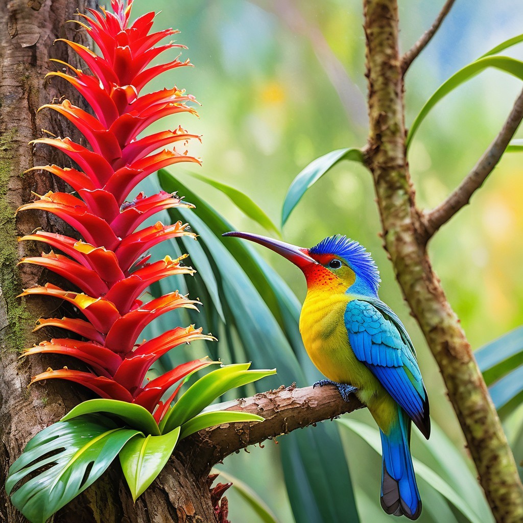 Vibrant Bird and Tropical Flower in Natural Habitat