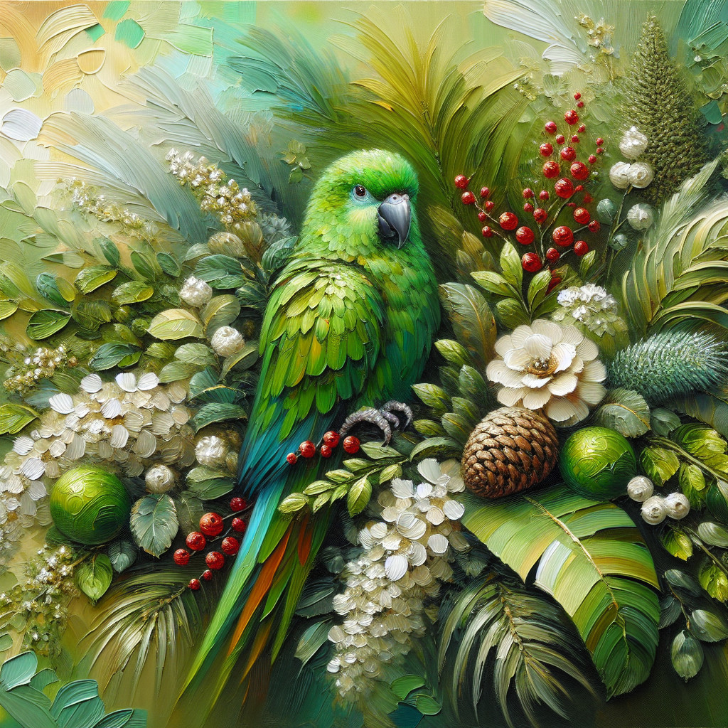 Vibrant Green Parrot Amid Tropical Foliage and Flowers