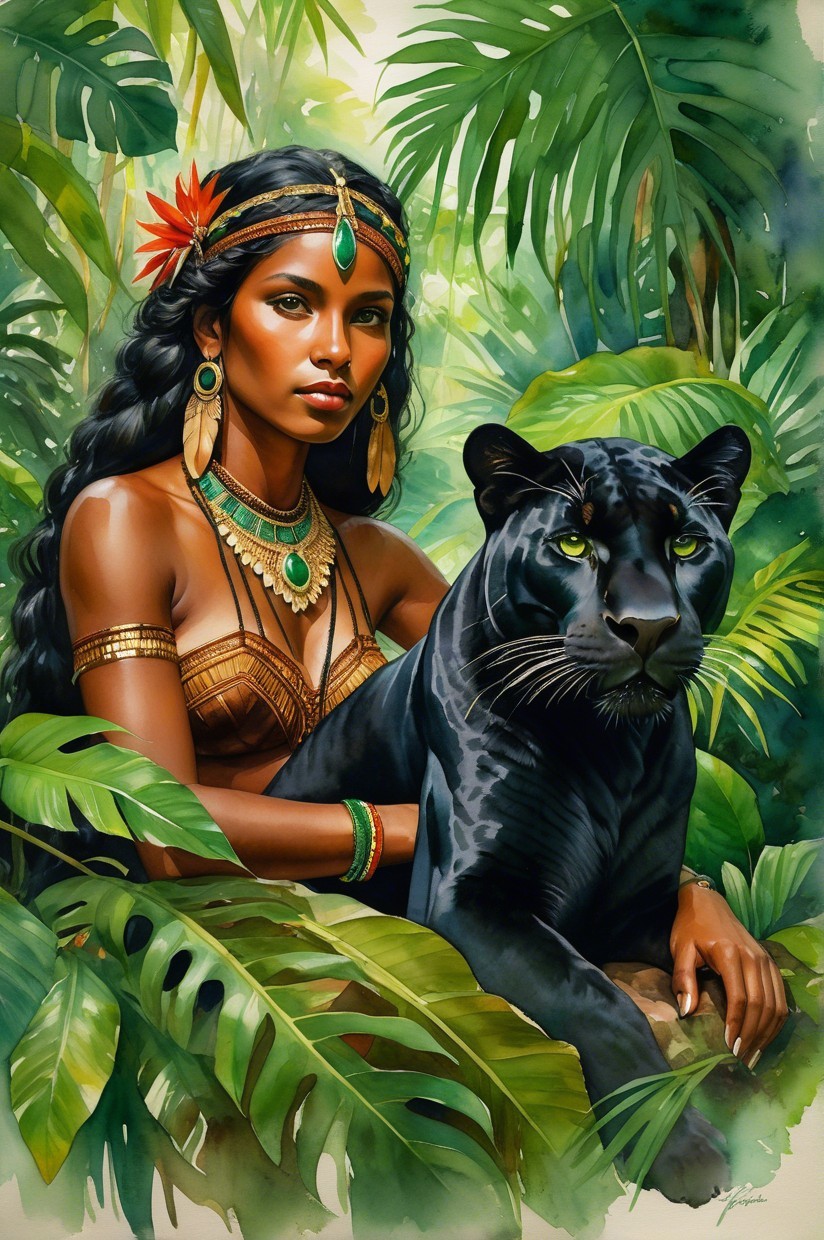 Woman with Dark Hair and Panther in Jungle Setting