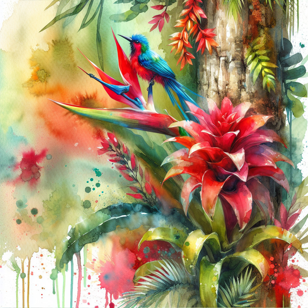 Vibrant Watercolor of Bird on Red Flower in Jungle