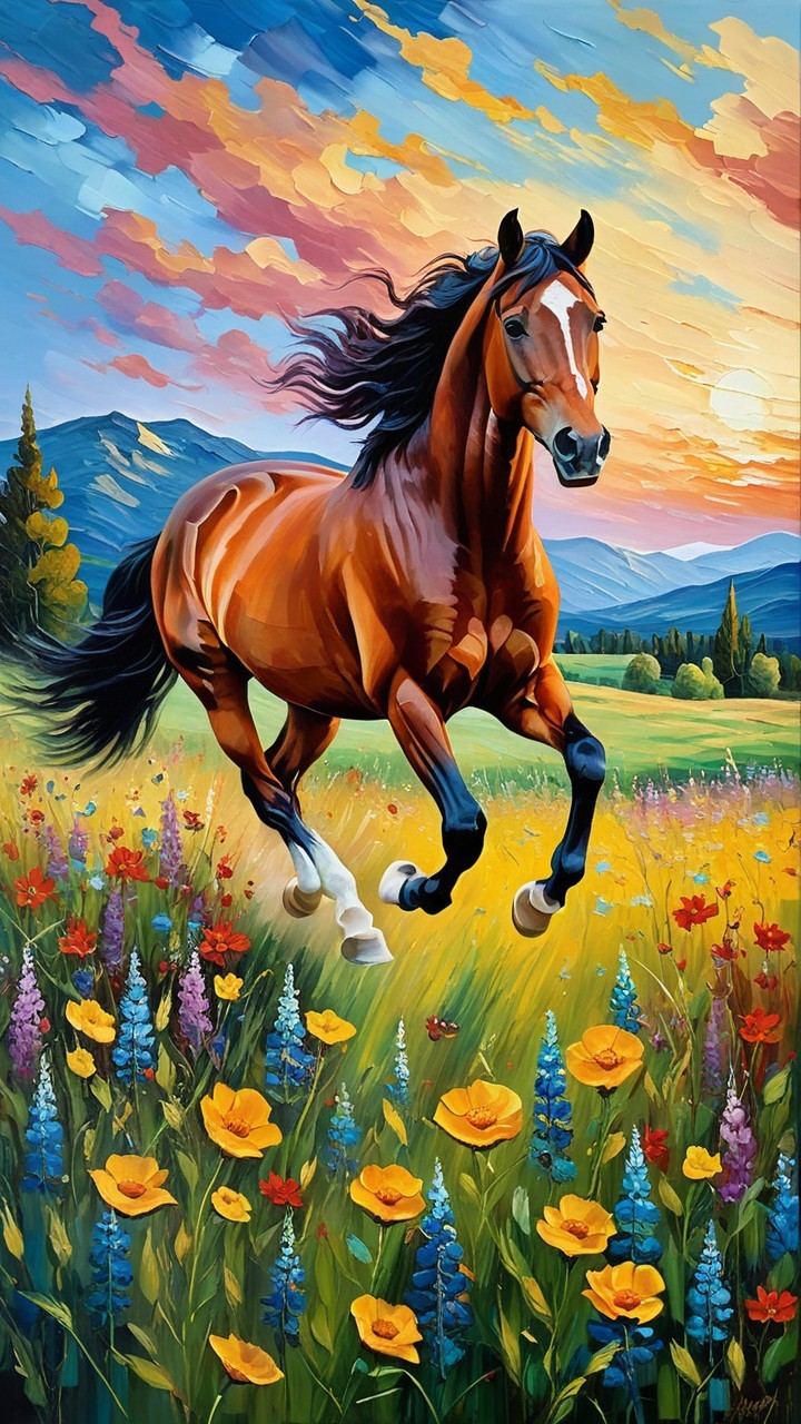 Brown horse galloping in a colorful wildflower meadow