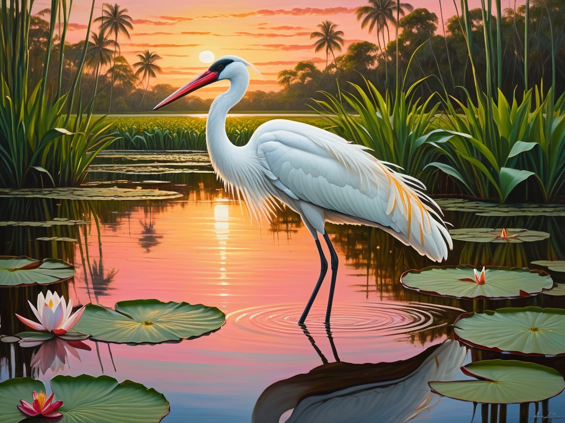 Dawn Scene with White Egret in Tranquil Pond
