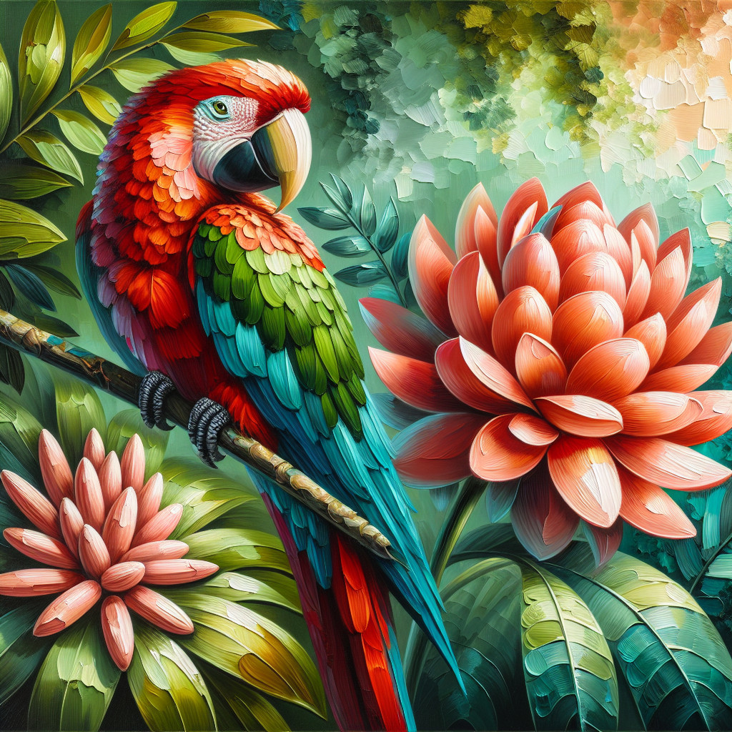 Vibrant Macaw Surrounded by Tropical Foliage and Flowers