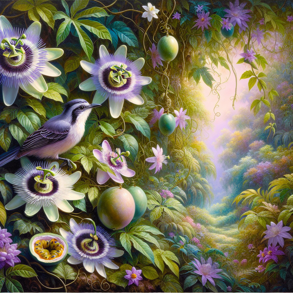 Vibrant Jungle Scene with Passion Flowers and Bird