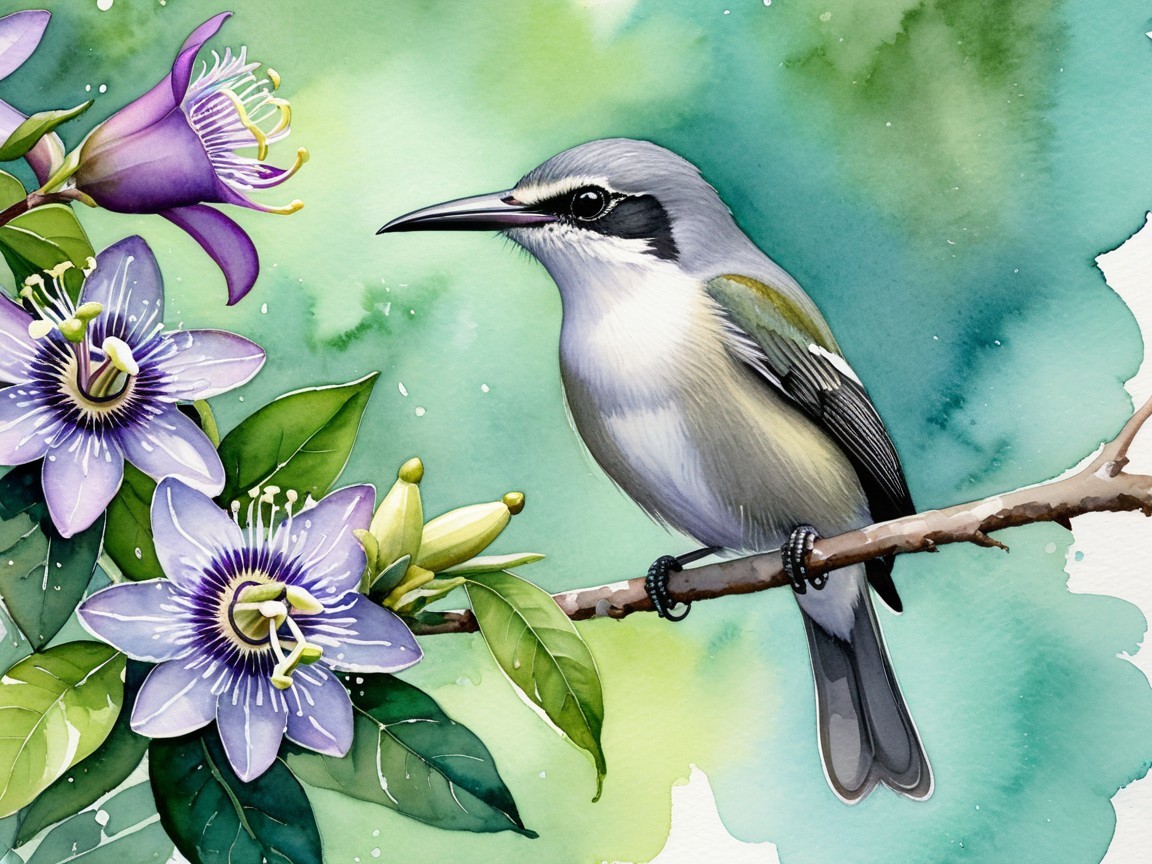 Illustration of a bird on a branch with passionflowers