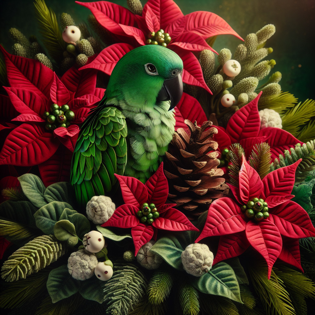 Vibrant Parrot Among Poinsettias and Green Foliage