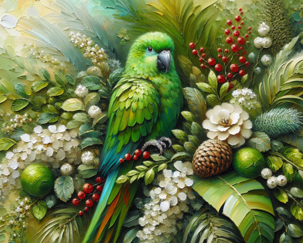 Vibrant Green Parrot Amid Tropical Foliage and Flowers