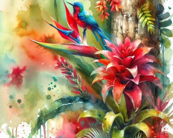 Vibrant Watercolor of Bird on Red Flower in Jungle