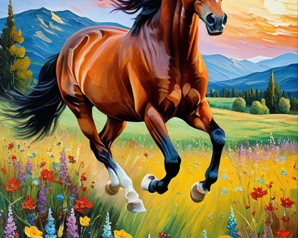 Brown horse galloping in a colorful wildflower meadow